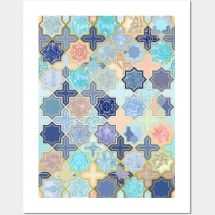 Cream, Navy and Aqua Geometric Tile Pattern Posters and Art